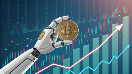 Robotic hand holding a bitcoin against the background of financial charts, AI