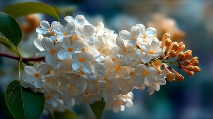 Intricate portrayal of the White Lilac Agnes Smith with pristine snow white flowers and delicate botanical details in a naturally inspired setting