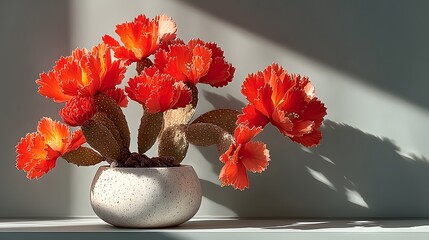Hyper-realistic depiction of a rare bright red cactus in a sleek ceramic pot with sharply defined angles and illuminated by soft natural light for enhanced texture detail