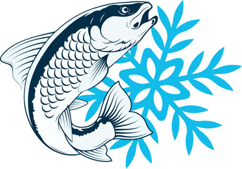 Fish and blue snowflake, symbol fresh frozen fish