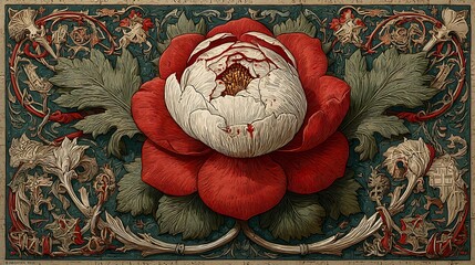 Intricate Tudor Rose Illustration on Timeless Parchment Background with Elegant Red and White Petals