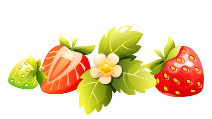 The vector illustration features two ripe strawberries surrounded by green leaves and a delicate flower. One strawberry is whole, while the other is cut in half, revealing its juicy flesh.