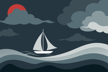 Yacht and sailing boat on the blue ocean waves with summer sky and mountains, vector travel illustration