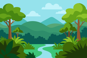 Fototapeta premium Green mountain landscape with trees, a sunny summer nature view