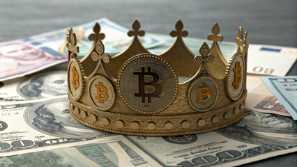 crown symbolizing bitcoin on banknotes, AI