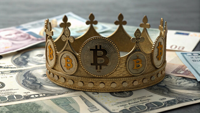 crown symbolizing bitcoin on banknotes, AI - Powered by Adobe