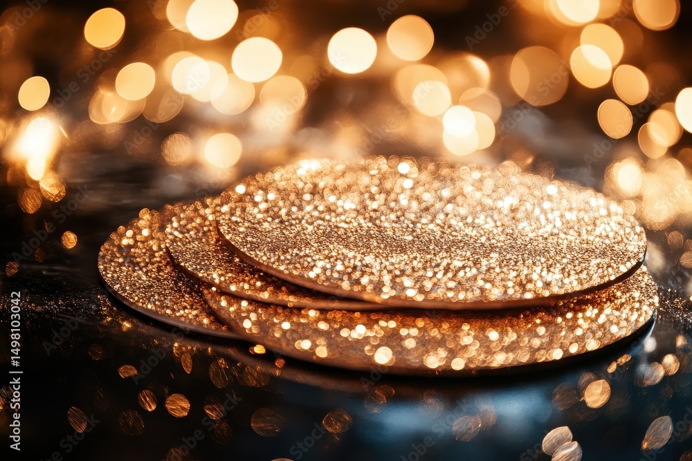 Poster glittering gold coasters adorned with sparkling bokeh in a lively setting for memorable gatherings, 