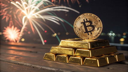 bitcoin on top of gold bars, with fireworks, symbolization, value and growth, AI generated