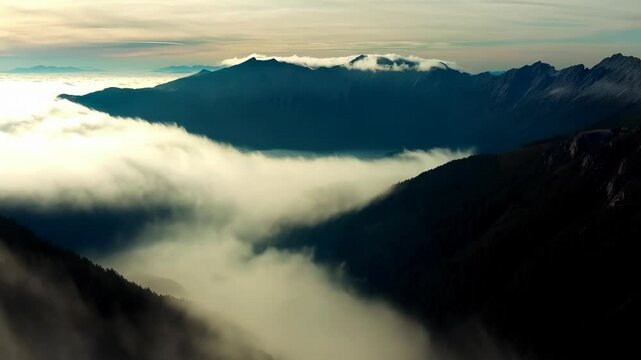 Dramatic mountain range scenery with fog rolling through valley, natural landscape with soft, diffused light from above, aerial view with high altitude clouds.