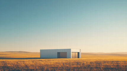 Obraz premium Minimalist Solitude: An architectural marvel, a modern building stands alone in a vast, tranquil landscape of gentle, rolling hills under an expansive blue sky.