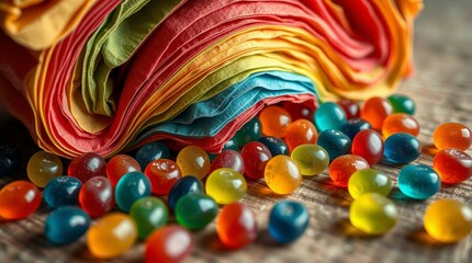 Colorful gummy candies scattered on a wooden surface, vibrant lighting, close-up, soft shadows, stock photo style, no background isolation, candy variety and texture clearly visible.