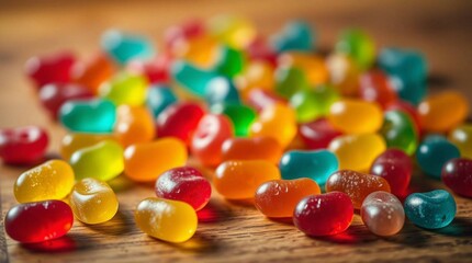 Colorful gummy candies scattered on a wooden surface, vibrant lighting, close-up, soft shadows, stock photo style, no background isolation, candy variety and texture clearly visible.