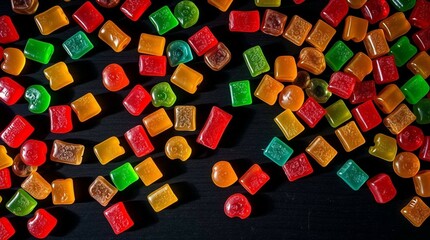 Colorful gummy candies scattered on a wooden surface, vibrant lighting, close-up, soft shadows, stock photo style, no background isolation, candy variety and texture clearly visible.