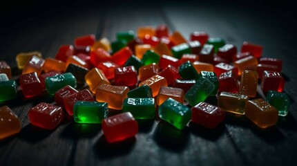 Colorful gummy candies scattered on a wooden surface, vibrant lighting, close-up, soft shadows, stock photo style, no background isolation, candy variety and texture clearly visible.