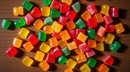 Colorful gummy candies scattered on a wooden surface, vibrant lighting, close-up, soft shadows, stock photo style, no background isolation, candy variety and texture clearly visible.