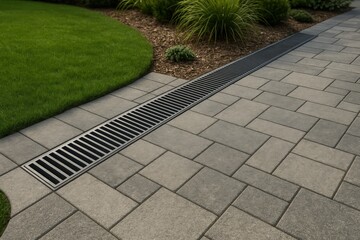 Landscaping features with a modern drainage system in a residential garden