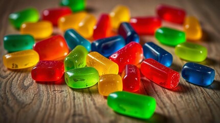 Colorful gummy candies scattered on a wooden surface, vibrant lighting, close-up, soft shadows, stock photo style, no background isolation, candy variety and texture clearly visible.