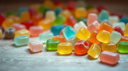 Colorful gummy candies scattered on a wooden surface, vibrant lighting, close-up, soft shadows, stock photo style, no background isolation, candy variety and texture clearly visible.