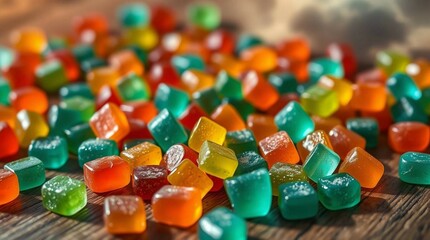 Colorful gummy candies scattered on a wooden surface, vibrant lighting, close-up, soft shadows, stock photo style, no background isolation, candy variety and texture clearly visible.