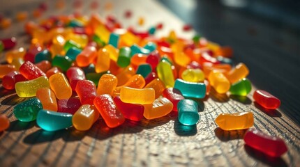 Colorful gummy candies scattered on a wooden surface, vibrant lighting, close-up, soft shadows, stock photo style, no background isolation, candy variety and texture clearly visible.