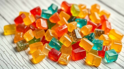 Colorful gummy candies scattered on a wooden surface, vibrant lighting, close-up, soft shadows, stock photo style, no background isolation, candy variety and texture clearly visible.