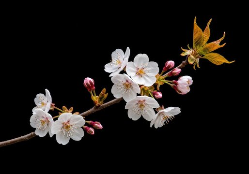 A beautiful shot of cherry blossom branch with white flowers isolated against a black backdrop. - Powered by Adobe