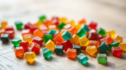 Colorful gummy candies scattered on a wooden surface, vibrant lighting, close-up, soft shadows, stock photo style, no background isolation, candy variety and texture clearly visible.
