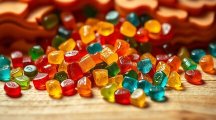 Colorful gummy candies scattered on a wooden surface, vibrant lighting, close-up, soft shadows, stock photo style, no background isolation, candy variety and texture clearly visible.
