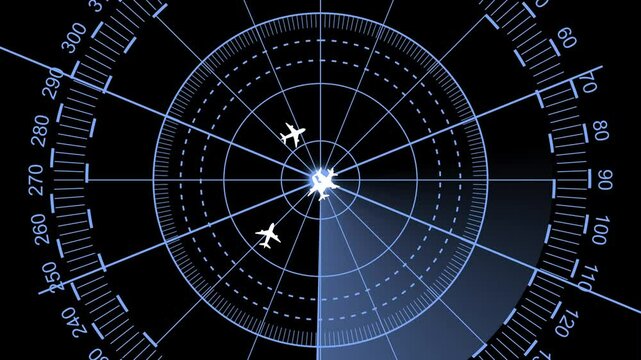 Air traffic control tower equipped with radar animation with a black background.