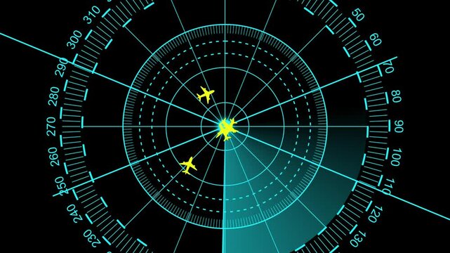 Air traffic control tower equipped with radar animation with a technology background. glowing radar animation.