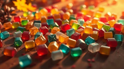 Colorful gummy candies scattered on a wooden surface, vibrant lighting, close-up, soft shadows, stock photo style, no background isolation, candy variety and texture clearly visible.