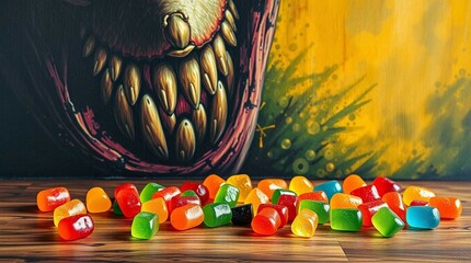 Colorful gummy candies scattered on a wooden surface, vibrant lighting, close-up, soft shadows, stock photo style, no background isolation, candy variety and texture clearly visible.