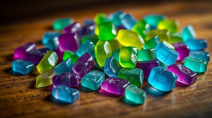 Colorful gummy candies scattered on a wooden surface, vibrant lighting, close-up, soft shadows, stock photo style, no background isolation, candy variety and texture clearly visible.