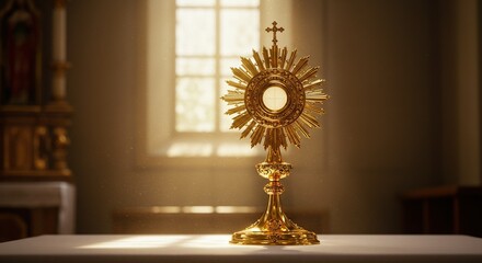 Corpus christi golden monstrance eucharist display for adoration in church with light shining from window view