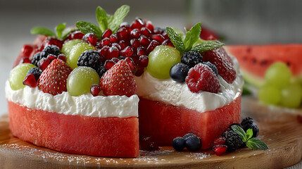 Healthy watermelon cake decorated with whipped cream, strawberries, blueberries, raspberries, blackberries, grapes, pomegranate seeds and mint leaves. 