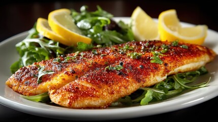Baked fish fillet on a white plate with arugula and lemon slices