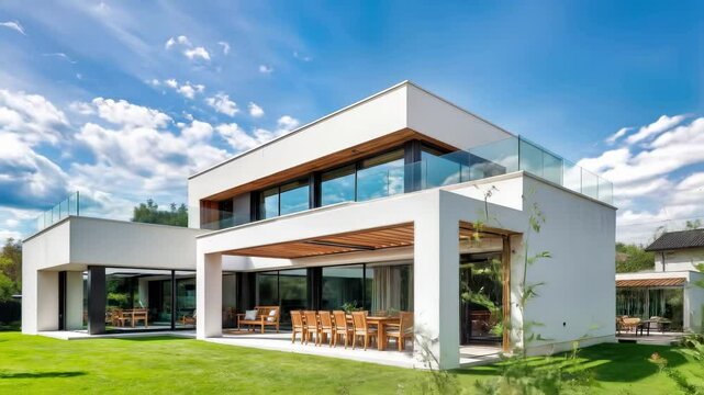Modern white minimalist villa with glass balcony under blue sky. Contemporary luxury residential architecture with wooden elements and panoramic windows. Elegant home exterior with spacious terrace