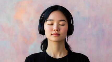 Tranquil Listening Experience: A serene woman, immersed in music, with closed eyes and headphones, embodies inner peace and focused tranquility.