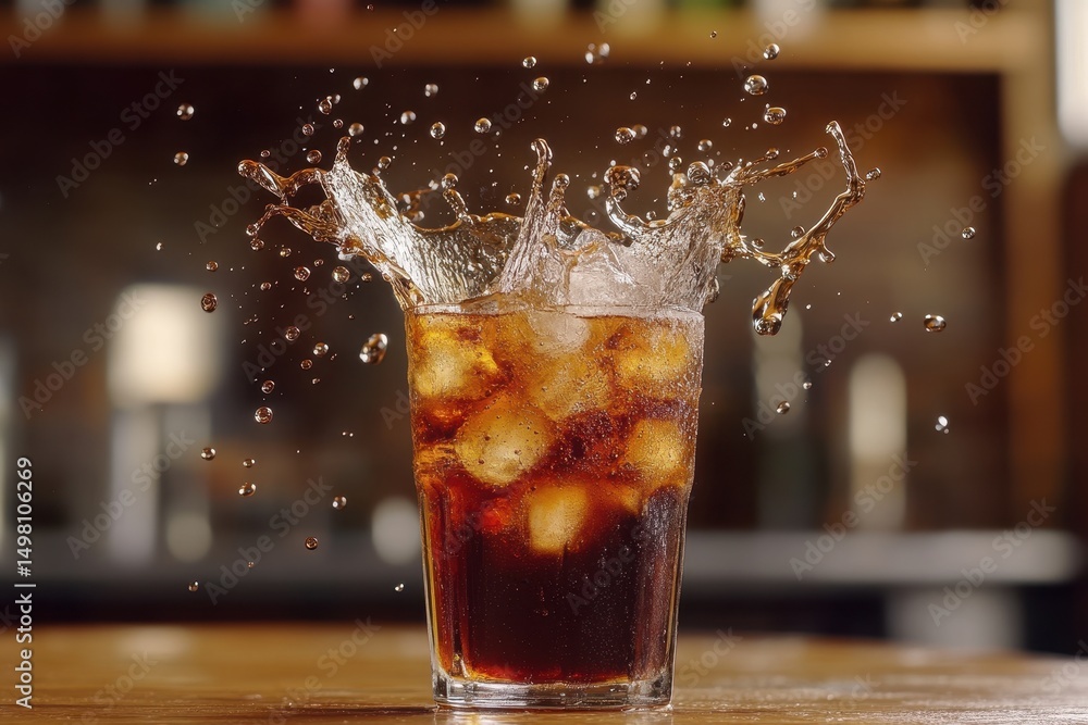Poster refreshing glass of cola with splashing ice cubes in a lively setting, glass of cola ice cola with s
