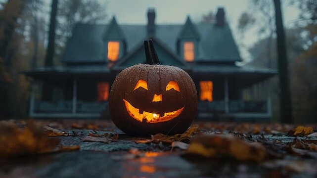lentera labu halloween di depan rumah hantu