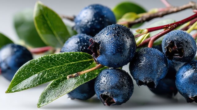 Bilberry berries and leaves showcasing antioxidant properties against white background