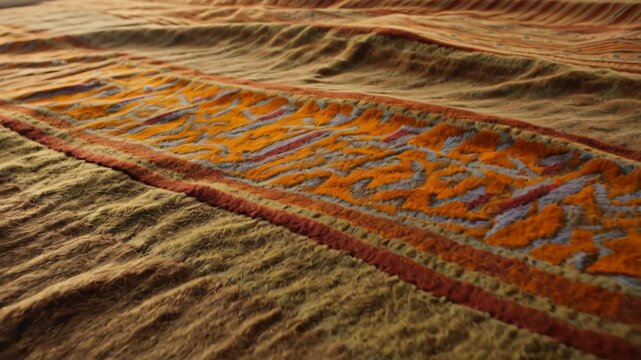 Textured wool fabric with repeating orange pattern and brown stripes, creating a warm and handmade textile surface with a unique aesthetic.