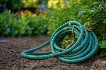 Coiled green garden hose resting on soil in vibrant garden setting during afternoon light, Green garden hose coiled on ground