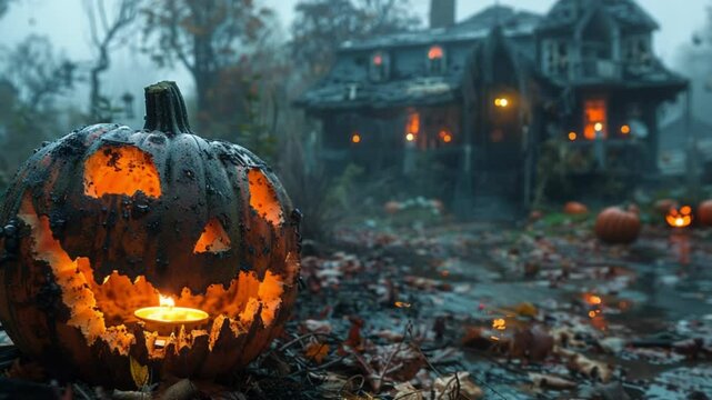 lentera labu halloween di depan rumah hantu