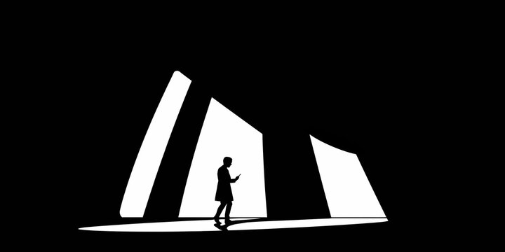 Silhouette of a man walking while looking at his cell phone. Black and white vector illustration with abstract design.