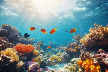 Naklejka premium Colorful coral reef teeming with vibrant fish in a stunning underwater time lapse, Colorful coral reef and fishes Seamless ing background