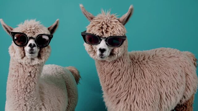 Two Cool Alpacas Wearing Sunglasses Pose Playfully Against a Vibrant Turquoise Studio Background, Radiating Fun Summer Vibes and Cheerful Positivity, Humorous and Trendy Animal Concept.