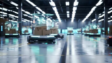 Autonomous robot transports cardboard packages across futuristic warehouse facility. Digital interface displays temperature and navigation data above. Smart logistics technology with industrial - Powered by Adobe
