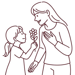 Black and white line art of a little girl giving a flower to her mom. Mom holds her hand on her chest in a tender gesture of emotional response. Ideal for children's coloring pages and family themes