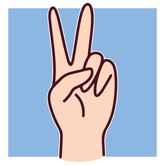 Hand gesture with two fingers raised in a classic peace or number two sign. Shown on a blue background in a clean vector style suitable for icons, education, or cultural symbolism